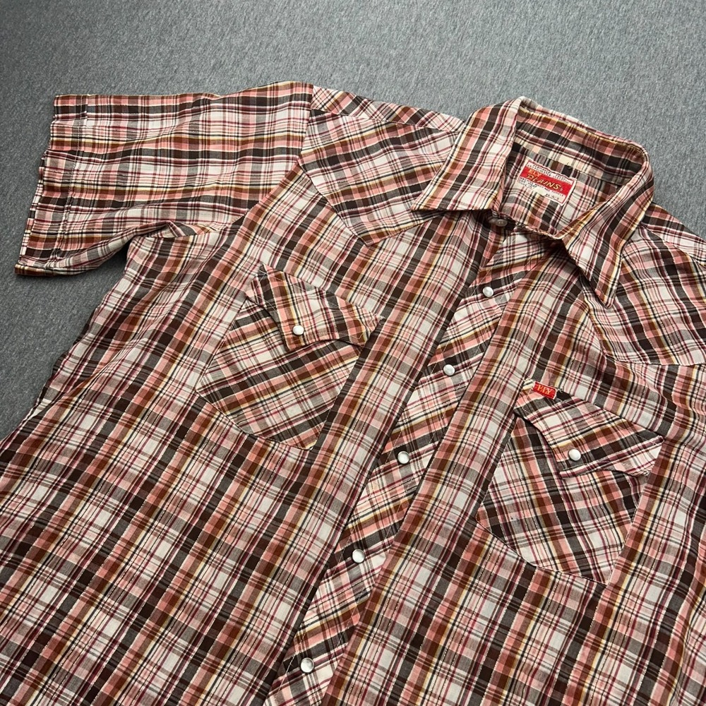 Ely Plains Short Sleeve Button Up Shirt Mens 16.5 (M) Pearl Snap Button Red Pink